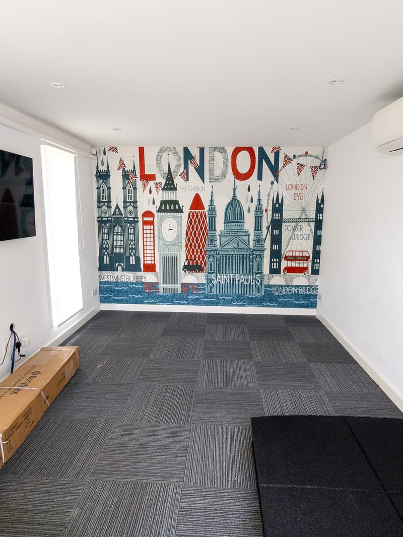 Empty garden room with London skyline mural — before conversion